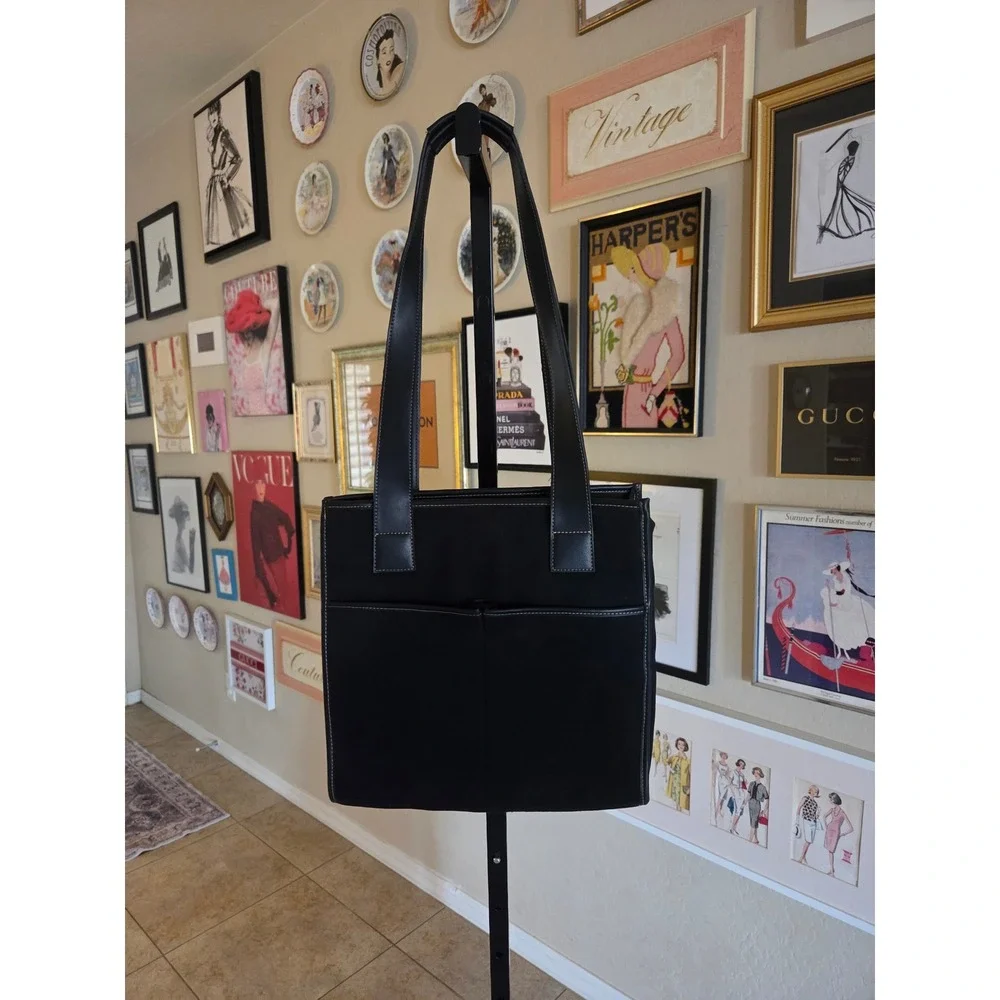 Etienne Aigner Y2K Black Canvas Tote Bag Leather Trim Contrast Stitch Shoulder